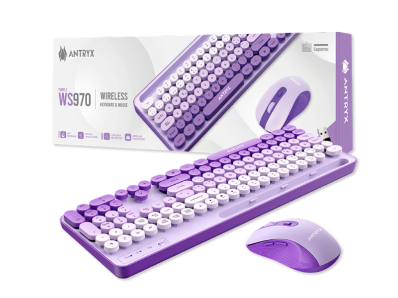TECLADO Y MOUSE ANTRYX WS-970 WIRELESS PURPLE HOLDER SLOT (ASC-WS970PE)